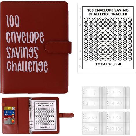 Lot de 100 enveloppes Saving Challenge Euro - 100 enveloppes - Classeur à économie d'argent - Format A5 - Planificateur budgétaire à économiser 5050 euros - Pour couple, bureau, maison, école (1/5)
