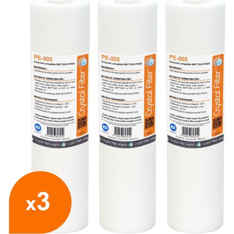 Cartouche filtrante PE-005 – Lot de 3 unités – Finesse de filtration 20 µm à 5 µm – Compatible BWT DGD et ECO – Crystal Filter