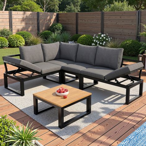 Ensemble de salon de jardin 6 pièces sans accoudoirs avec dossiers réglables,canapé d'angle en L avec table d'appoint et table basse,en acier,gris (1/5)