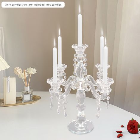 Candelabro de cristal de cinco brazos Candelabro vintage transparente Centro de mesa de cristal para fiestas y eventos festivos Apto para velas con un diámetro de entre 2,2 y 5 cm (1/5)