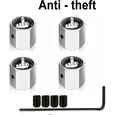 (Doigt-Argent-Blanc) 4 Bouchons de valve antivol pour pneus de voitures, camions et motos. Bouchon de valve en forme de doigt central, joint étanche à la poussière et fermeture hermétique. (1/5)
