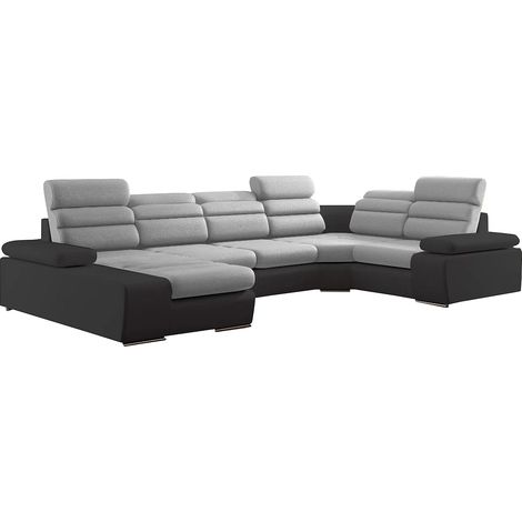 Vente-Unique – Canapé d'angle panoramique convertible 6 places – Tissu 100% polyester – Coffre de rangement – 6 têtières ajustables – Angle gauche – Bicolore gris/anthracite (1/4)