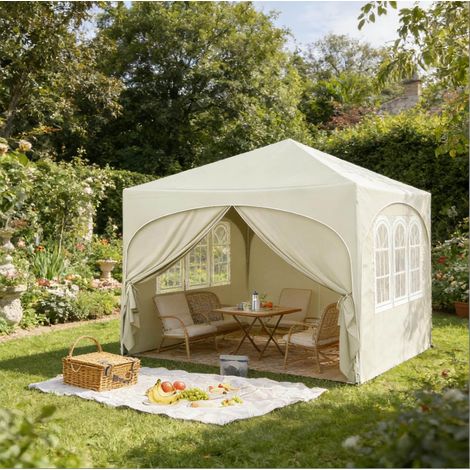 Gartenpavillon 3x3 m faltbar mit Seitenwänden Beige OKMYHOME (1/5)