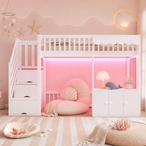 Hochbett 90x200 cm weiß aus Massivholz und MDF mit Stauraumtreppe, Schrank und LED-Lichtleiste (1/5)