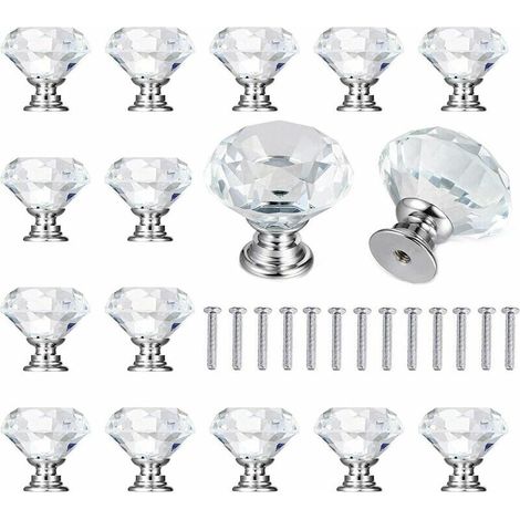 15 Pcs Bouton de Meuble Diamant avec Vis, Portes Meuble Tiroir Placard Décoration, 30mm Poignées Boutons Transparent Diamant Cristal Verre Portes Meuble Tiroir Placard Décoration (Transparent)