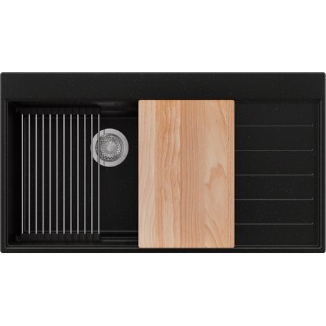 PRIMAGRAN Evier Cuisine en Granit 90x50cm,Lavabo 1 bac + Kit de Vidage + Accessoires, Évier à Encastrer au meuble 60cm - Sydney, Noir Métallisé (1/5)