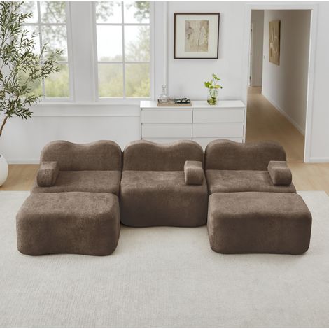 Modulares U-förmiges Sofa braun Samt mit 2 Hockern, tiefer Sitzfläche und beweglichen Armlehnenkissen (1/5)