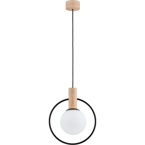 Suspension scandinave bois noir, globe verre blanc E14 (1/3)