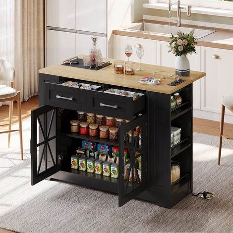 Isola cucina 120x40/65x92 cm, carrello mobile con piano ribaltabile, 6 ripiani, ante in vetro, MDF nero/naturale (1/5)