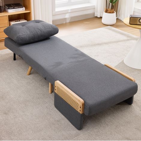 Sillón cama 3 en 1 gris de lino con respaldo reclinable 5 posiciones y reposabrazos de ratán (1/5)