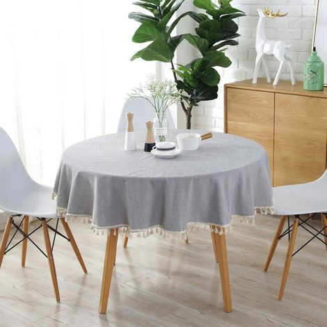 Runde Tischdecke mit Quasten aus Baumwolle, Hellgrau, 100 cm