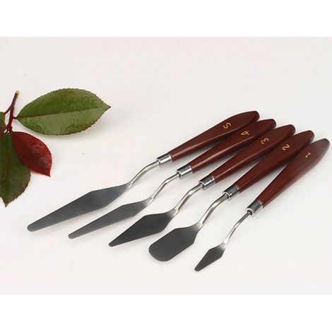 Ensemble de 5 spatules en bois pour peinture à l'huile, idéal pour artistes et étudiants, en acier inoxydable. (1/5)
