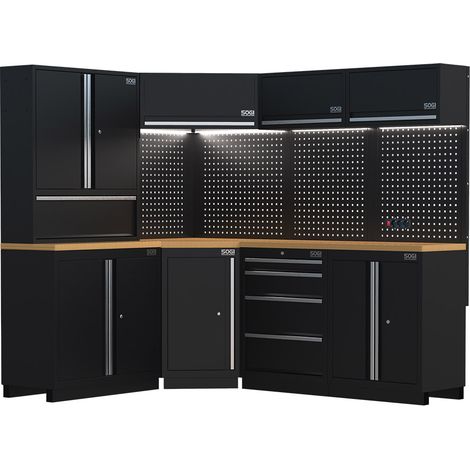 Arredamento modulare in lamiera SOGI ARR-OFF-3895-L per officina e garage - piano in legno - 3895x465x2000 mm