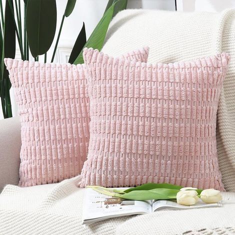 Set aus 2 dekorativen, weichen Samt-Kissenbezügen im Boho-Stil mit Streifenmuster, für Sofa oder Schlafzimmer, hellrosa, 50 x 50 cm.