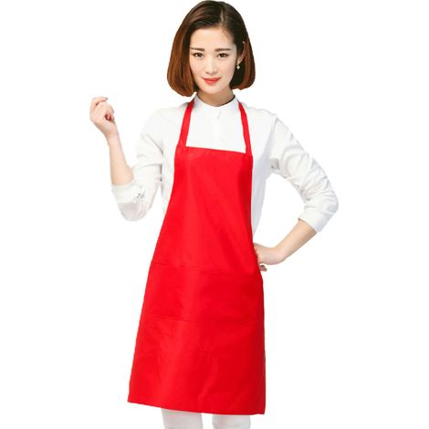 Tablier de cuisine rouge vif, unisexe, en polyester doux, à poches doubles, bretelles croisées, pour chef cuisinier domestique (1/5)