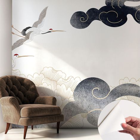 Papier peint autocollant Mural avec colle pour salon et chambre Décoration murale rapide Grues en vol 250x250 cm (1/5)