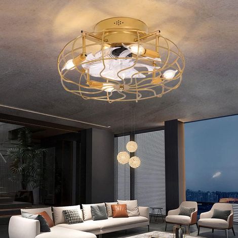 Ventilateur de Plafond avec Lumière 50 cm, Luminaire LED Sans Pales avec Télécommande, Style Industriel Cage Métallique, Plafonnier Ventilateur pour Chambre et Cuisine, OR