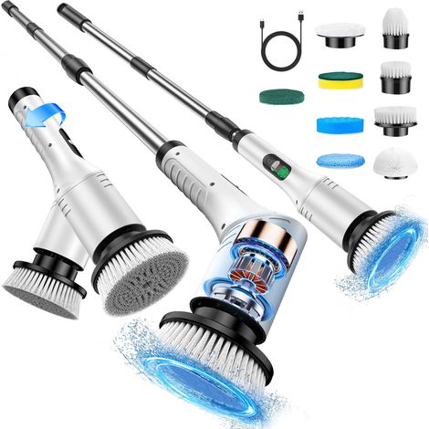 Cepillo de limpieza eléctrico con 9 cabezales, 2 velocidades, cepillo telescópico giratorio para baño, cocina, suelo y coche.