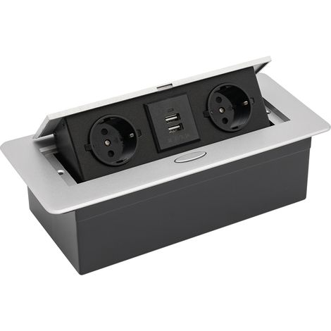 Pop-up Prise encastrable escamotable 2 prises avec 2 ports USB encastrable plan de travail avec couvercle pliable pour cuisine, bureau, établi (argenté) (1/5)