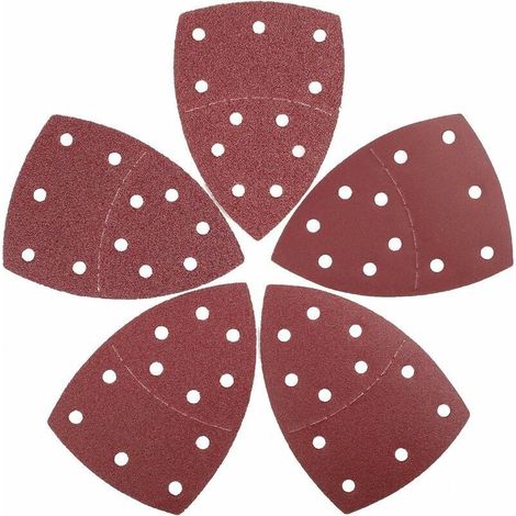 Set di 25 fogli abrasivi triangolari, 105 x 152 mm, 11 fori ciascuno, 5 grane (40/60/80/120/240) per levigatrice multifunzione. (1/4)