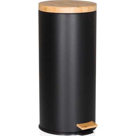 Collecteur à déchets / Poubelle CLEAN BAMBOO 30 L acier/bambou noir mat hjh OFFICE (1/5)