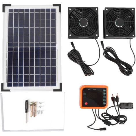 Kit de ventilation solaire 10 W, système de ventilation à double panneau avec batterie 4400 mAh et contrôleur, convient aux serres et aux abris de jardin. (1/5)