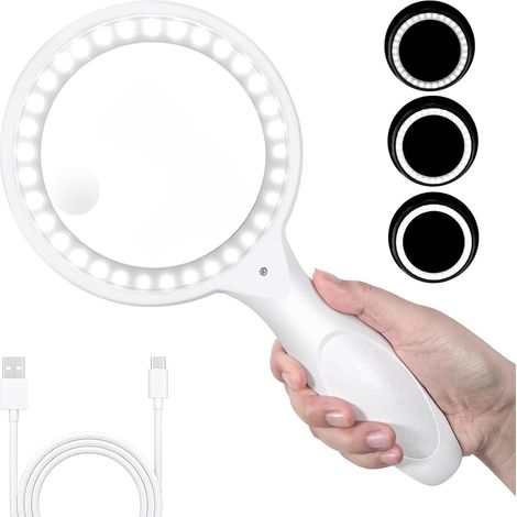 Loupe de lecture blanche, grossissement 60x, grossissement 30x, 33 LED, rechargeable par USB, avec 3 modes d'éclairage (1/5)