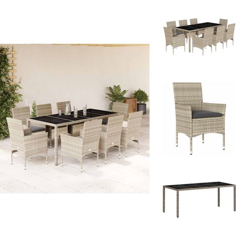 Ensemble à manger de jardin avec coussins 9 pcs rotin et verre - Meubles De Jardin - Salon De Jardin - Set De Jardin - Mobilier D'extérieur - Table De Jardin (1/5)