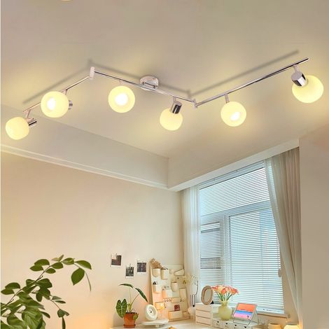 Lámpara de techo GBLY de 6 focos blancos, foco vintage de cristal, diseño moderno E14, foco giratorio de 350° para dormitorio y salón (bombilla no incluida).
