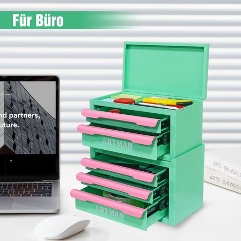 Organisateur de bureau en forme de tiroir, outil magique pour ranger votre espace de travail, étagère de rangement pour fournitures de bureau, armoire de stockage pour cosmétiques – vert crème et rose (1/5)