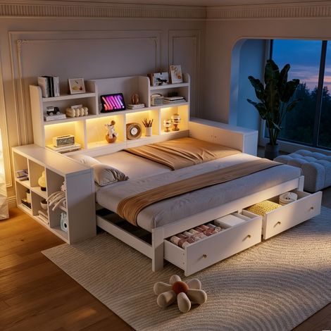 Lit banquette extensible 1 à 2 places 90x200/180x200 cm, canapé-lit avec rangements, 2 tiroirs, prise intégrée, LED, sommier à lattes, bois blanc (1/5)