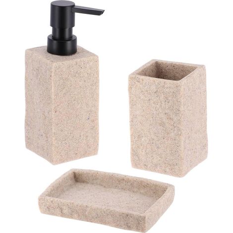 1 - Ensemble Accessoires Salle De Bain - Gobelet Distributeur Savon Porte Savon - Design Effet Pierre Polyresine - Pour Lavabo Familial - Naturel - 20x15x10cm