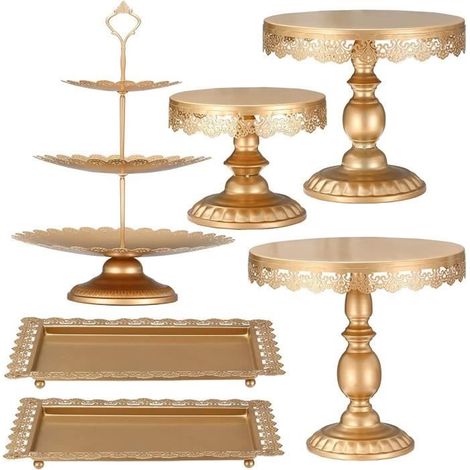 Presentoir a Gateau Support Gâteaux Cristal Rond Affichage Porte-Dessert Décor de Fête Mariage Cake Stand Classique (6pcs, Doré) (1/4)