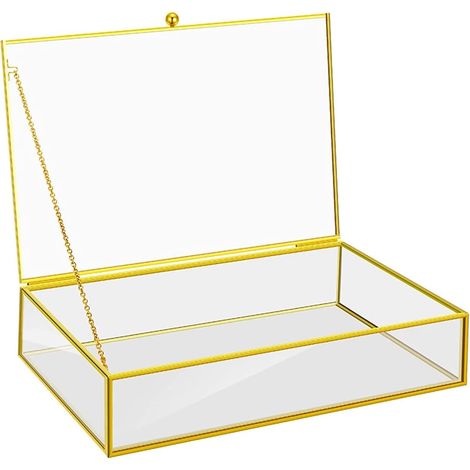 Boîte Bijoux en Verre 15 x 10 x 5 cm Boîte Décorative Vitrine Bagues Transparente Porte - Bibelots Rectangulaire Doré pour Boucles de oreille Bague Collier (1/5)