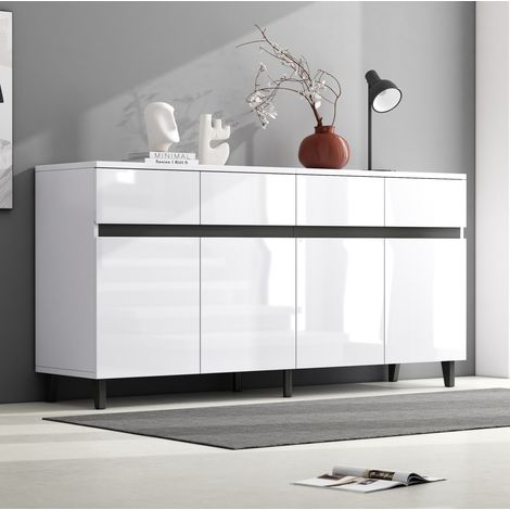 Aparador blanco (160x40x68 cm), con 4 cajones y 2 puertas, estantes ajustables, patas negras, tablero de partículas (1/5)