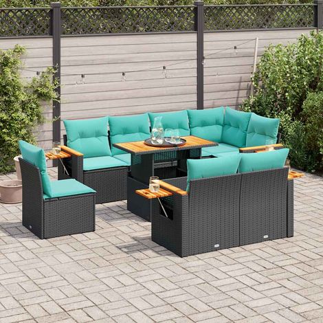 Salon de jardin 9 pièces avec coussins, résine tressée noire et bois d’acacia, 88.2kg - PANGIVO (1/5)