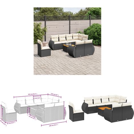 9-tlg. Garten-Sofagarnitur mit Kissen Schwarz Poly Rattan - Gartenmöbel - Esszimmergarnituren - Outdoor Möbel - Lounge Set - Rattan Gartenmöbel - Home & Living