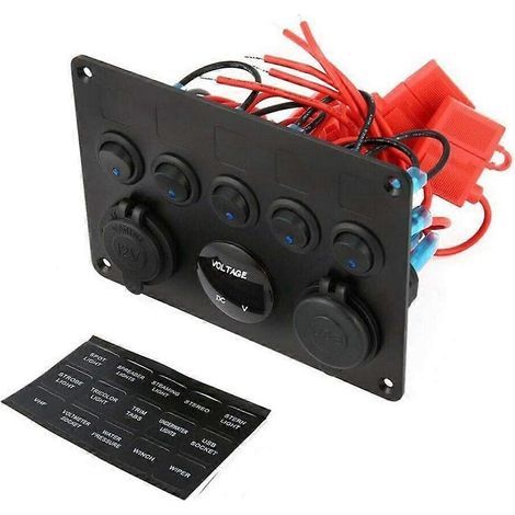 Panneau de commande à 5 voies, boîte à fusibles traversante 12V/24V, avec indicateurs LED, deux ports USB, prise de courant et voltmètre LED, compatible avec les applications marines et les camions. (1/5)
