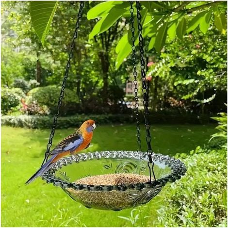 Hanging Bird Bath Tub Grey, Single Layer Feeding Tray with Iron Chain  Multi-Use Bird Feeder & Bath