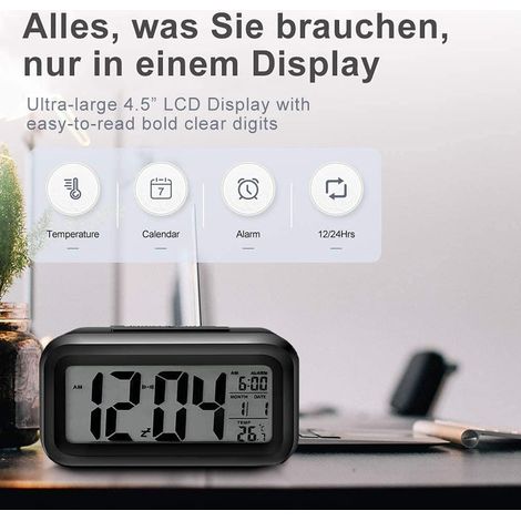 Digital Alarm Clock, LED Digital Clock with Temperature Display, Portable Mirror Alarm with 2 Alarms, Battery Operated, Light Control (1/5)