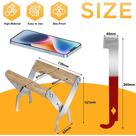 Kit d'Outils d'Apiculture Pince à Cadre de Ruche en Acier Inoxydable avec Poignée en Bois et Lève-ruche Grattoir Multifonctionnel Matériel d'Apiculteur