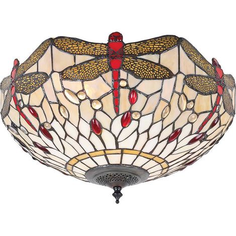 Interiors Dragonfly Beige - 2 luci medie a filo soffitto bronzo scuro chiaro, beige, vetro stile Tiffany, E27 (1/4)
