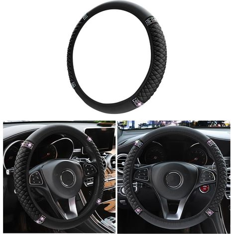 Housse de volant en cuir souple, protection de volant élastique auto ornée de strass colorés, diamants en cristal scintillants pour femmes et filles (noir) (1/5)