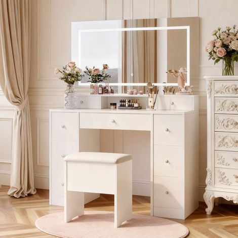 POCKETPOP Parrucchiere con Specchio e Sgabello, LED Regolabile, 9 Cassetti di Stoccaggio, Stile moderno, Bianco
