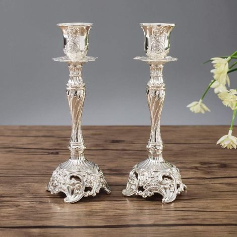 Lot de 2 Bougeoirs Chandeliers Candélabres en Argenté Métal Decoration, Vintage Bougeoir de Décoration de Table Mariage, Argenté (1/5)