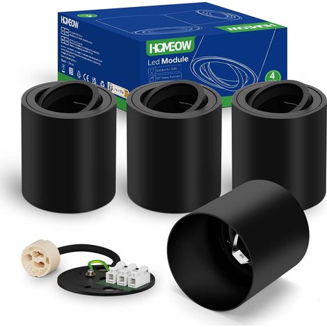 Lot de 4 Spots de Plafond Noir, Spot LED en Saillie Orientable, avec Douille GU10, Plafonnier en Aluminium, Ø80x85mm Ceiling Downlights pour Modules GU10 et LED, Rond (1/5)