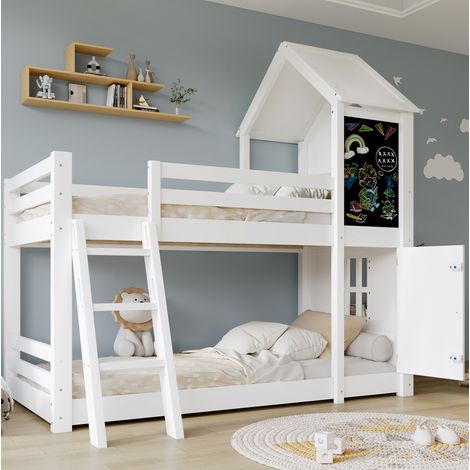 Letto a castello in legno massello e MDF bianco 90x200 cm con lavagna, tetto e scala inclinata (1/5)