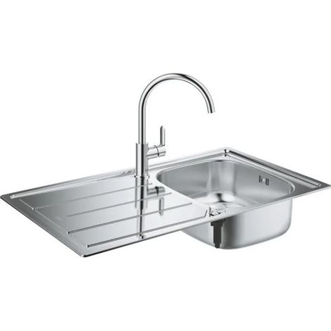 Grohe – Évier en inox K200 avec égouttoir – Mitigeur Bau Edge 332mm – Vidage automatique inclus – Largeur meuble 450mm (1/5)