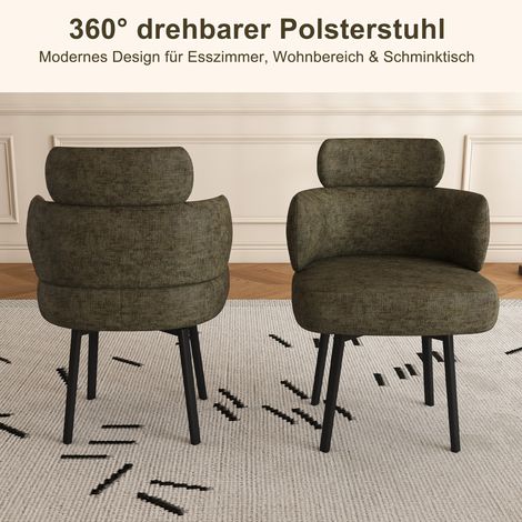 Chaise de salle à manger pivotante à 360°, fauteuil rembourré avec revêtement en chenille et dossier incurvé, chaise confortable pour salle à manger, salon et coiffeuse, vert olive (1/5)