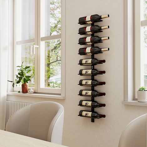 Étagère en acier noir, design vertical à 10 étages pour 10 bouteilles, 27x10x116 cm, rangement mural spacieux. (1/5)